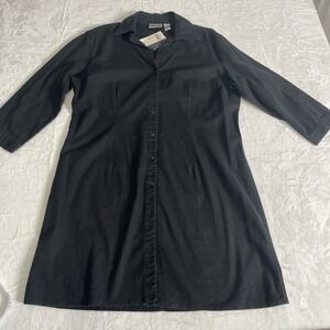 NWT Chico's Linen Blend Black Knee Length Dress Button Down Collared Size 2 L